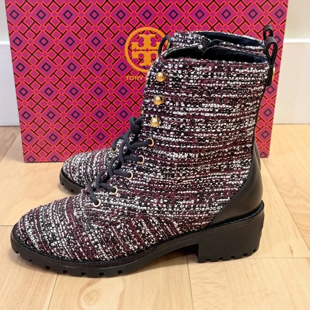 NWB Tory Burch Women’s Combat Lug Sole Tweed Leather Boots